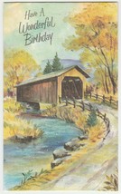 Vintage Birthday Card Covered Bridge Glitter Trim 1960&#39;s Pleasant Thoughts - $7.91