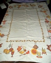 Vintage Linen Tablecloth 66 inches Cuckoo Clock Egg Cup Grapefruit Straw... - $19.79