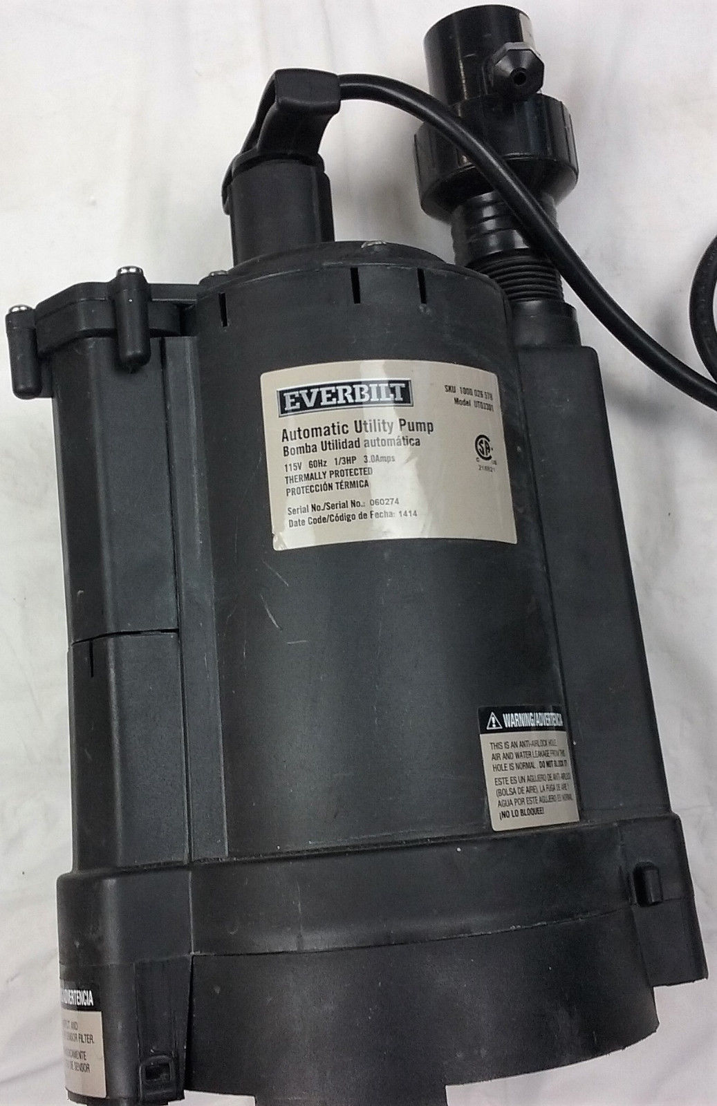 Everbilt Automatic Submersible Utility Water Pump 1/3 HP 1,920 GPH