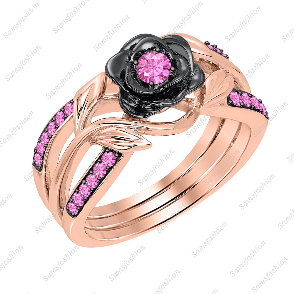 Round Cut Pink Sapphire 14K Two Tone Gold Over Disney Belles Twining Rose Ring