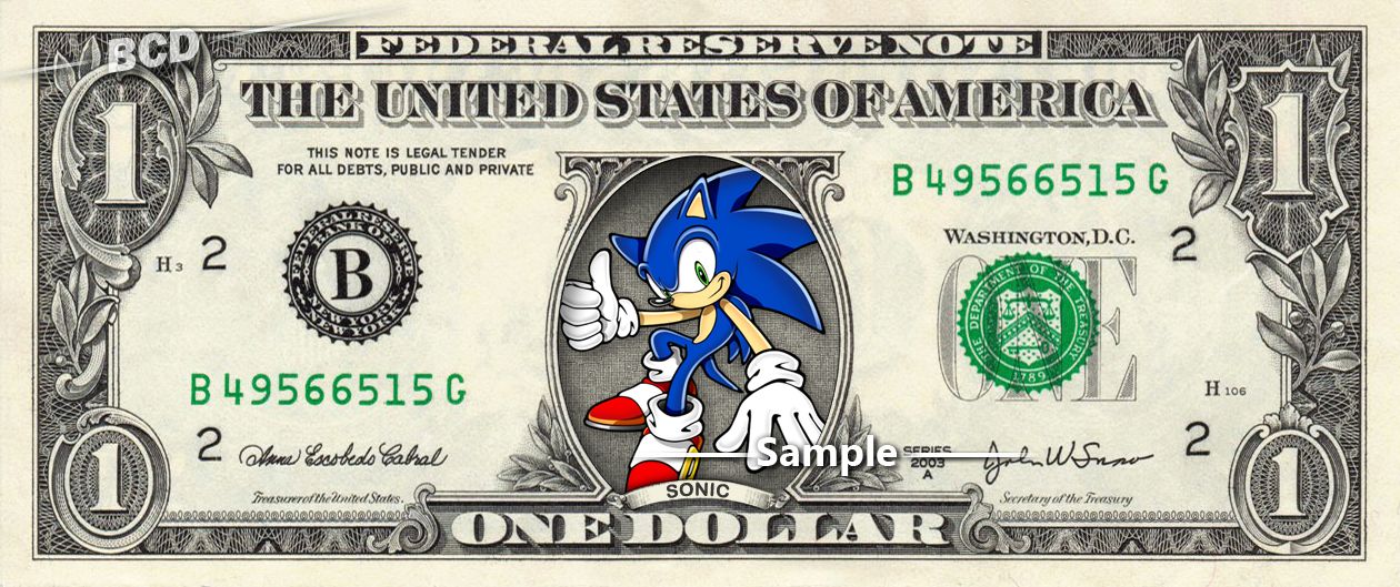 Sonic the Hedgehog on a Real Dollar Bill Cash Money Collectible ...