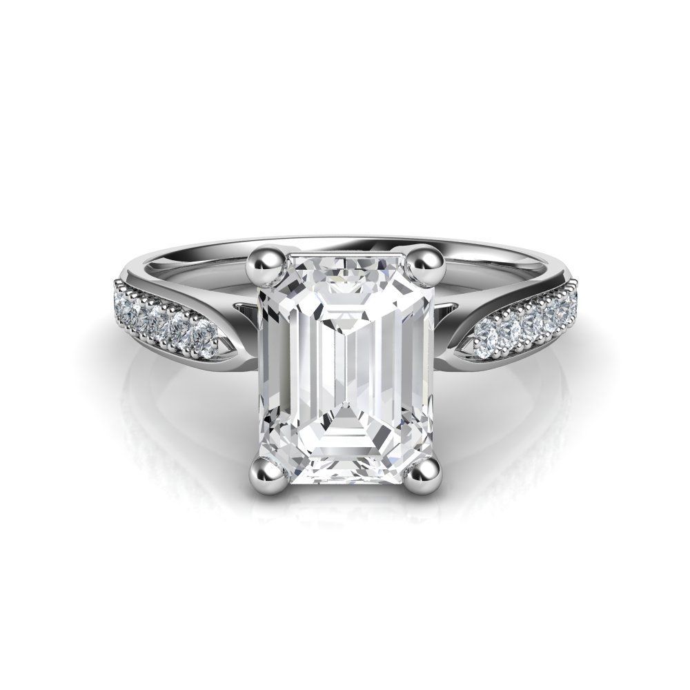 0.20Ct Cathedral Pave Set Emerald Cut Diamond Engagement Ring 14K White ...