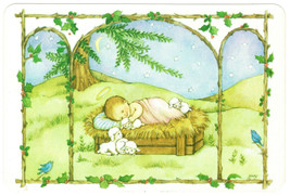 Hallmark Christmas Postcard Jesus in Manger With Lambs Rounded Corners - $1.50