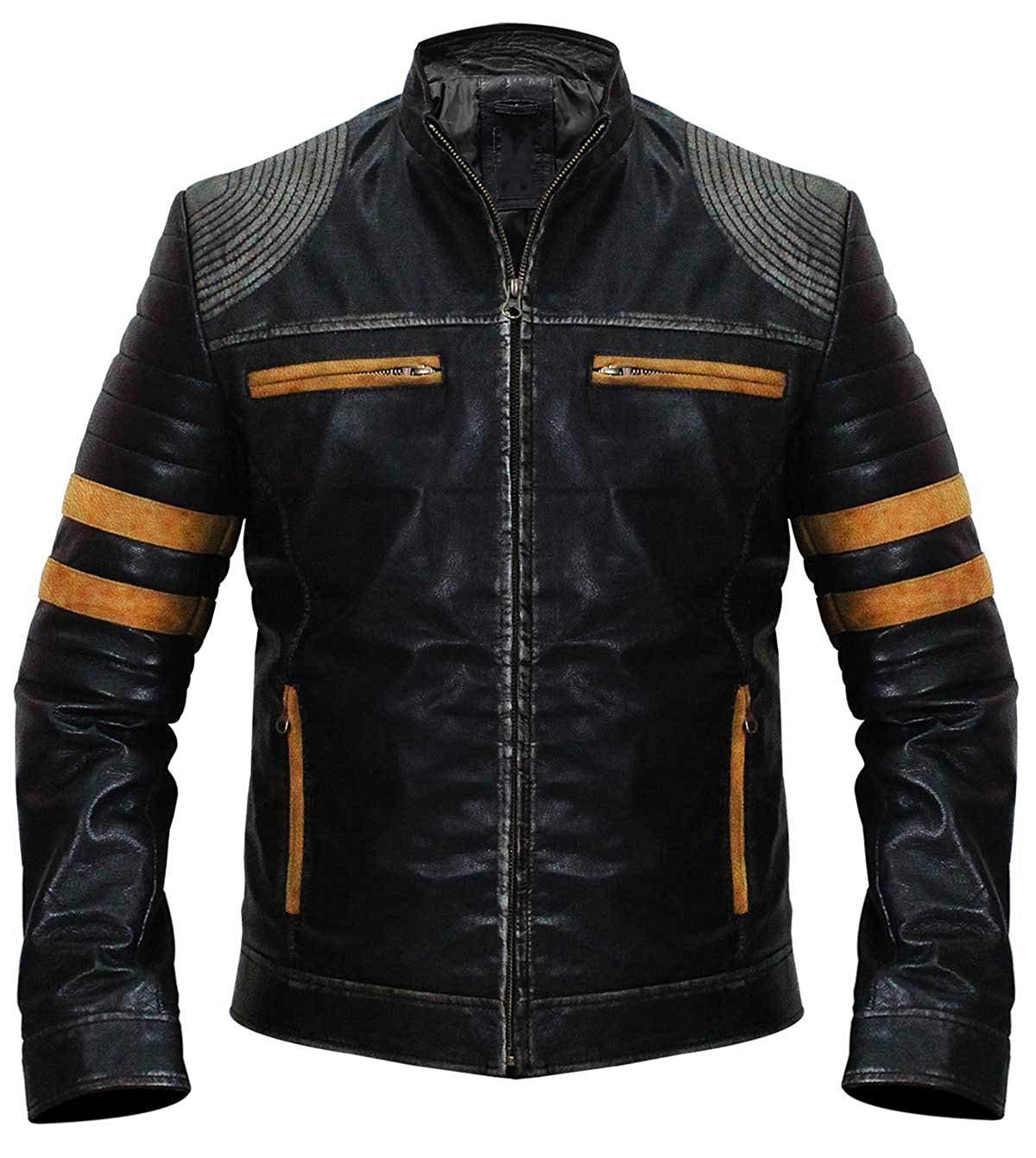 Cafe Racer Distressed Quilted Retro Vintage Black Leather Biker Jacket For Mens