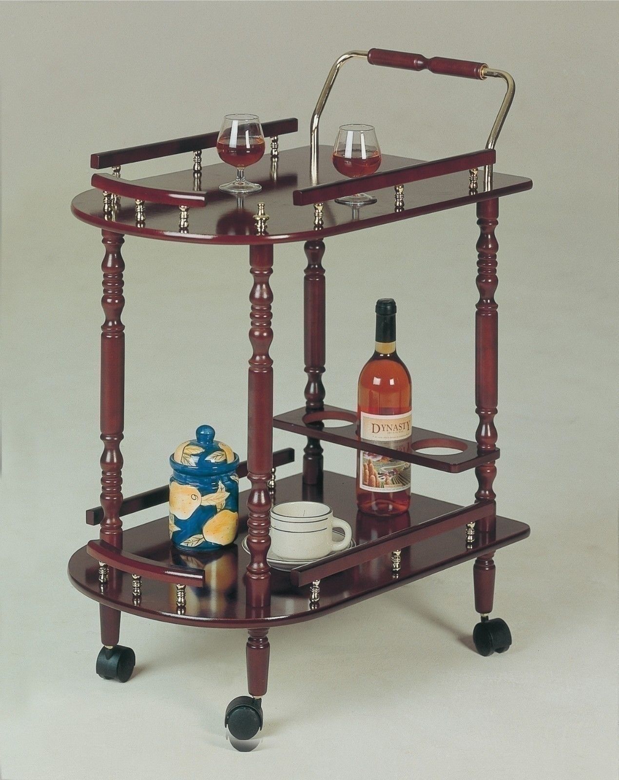 Cherry Wooden Beverage Cart Serving Bar Rolling Tray Wine Storage