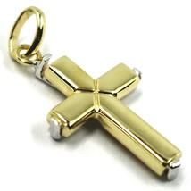18K YELLOW & WHITE GOLD CROSS PENDANT, DOUBLE WAVE, TWO FACES, 1.18 INCHES image 2