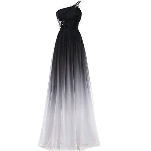 Beaded One Shoulder Gradient Chiffon Prom Evening Dresses Long Black White Plus