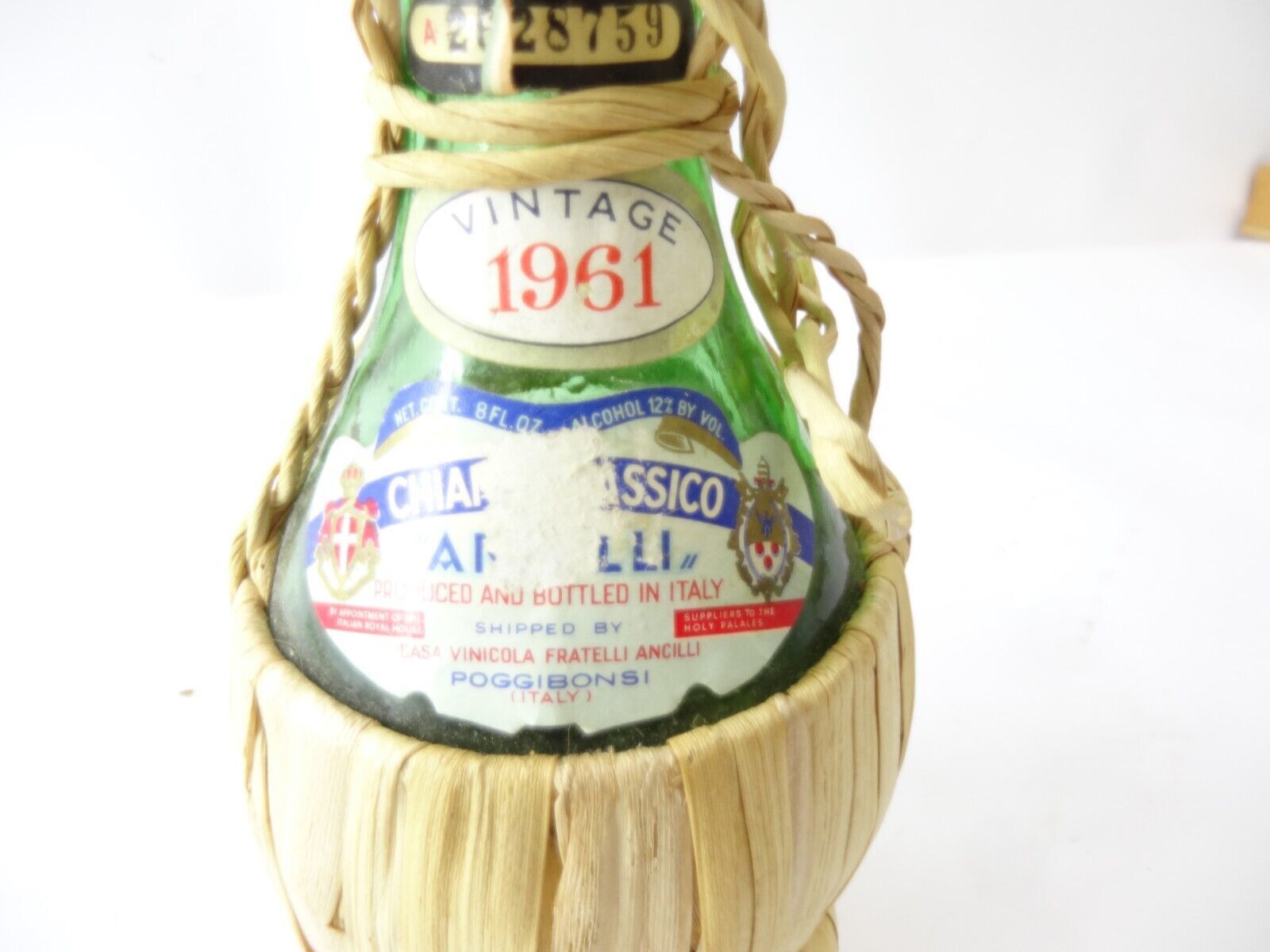 Vintage Italian Wine Bottle 1961 Chianti Fiasco w/ Raffia Basket