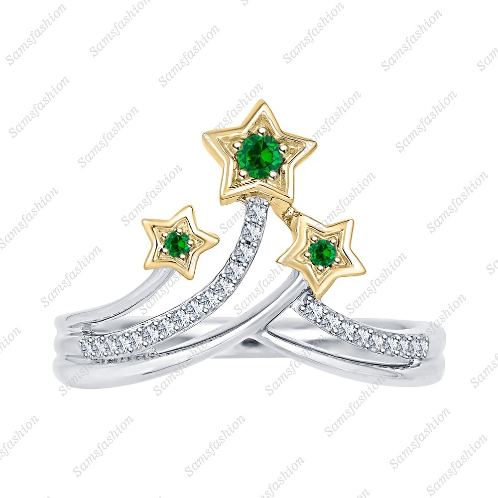 Round Cut Emerald & Diamond 14k Two Tone Gp 925 Silver Three Star Fashion Ring