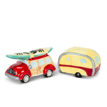 Woody Car and Camper Salt Pepper Shaker Set Camping RV Travel Ceramic Gift 2" H image 1