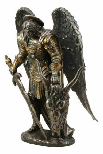 Large Archangel Saint Michael Holding Satan Dragon Lucifer Head Statue 15.5H
