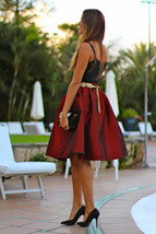 Women Pleated Midi Skirt A-Line Ruffle Taffeta Skirt Outfit - Burgundy,Plus Size image 4