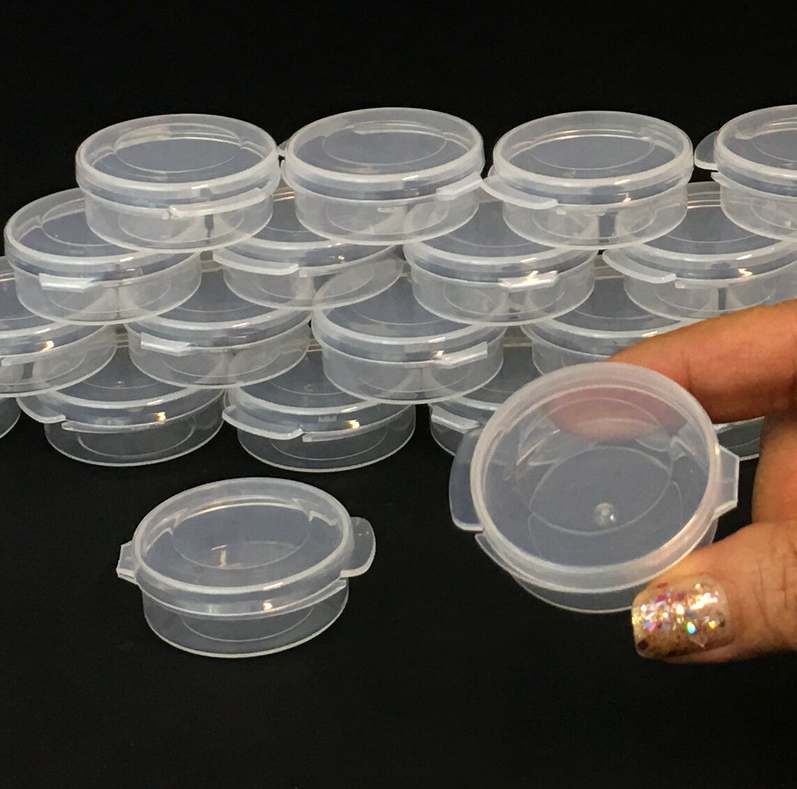 100 Cosmetic Jars Flip Top Hinged Lid Clear Plastic Beauty Containers