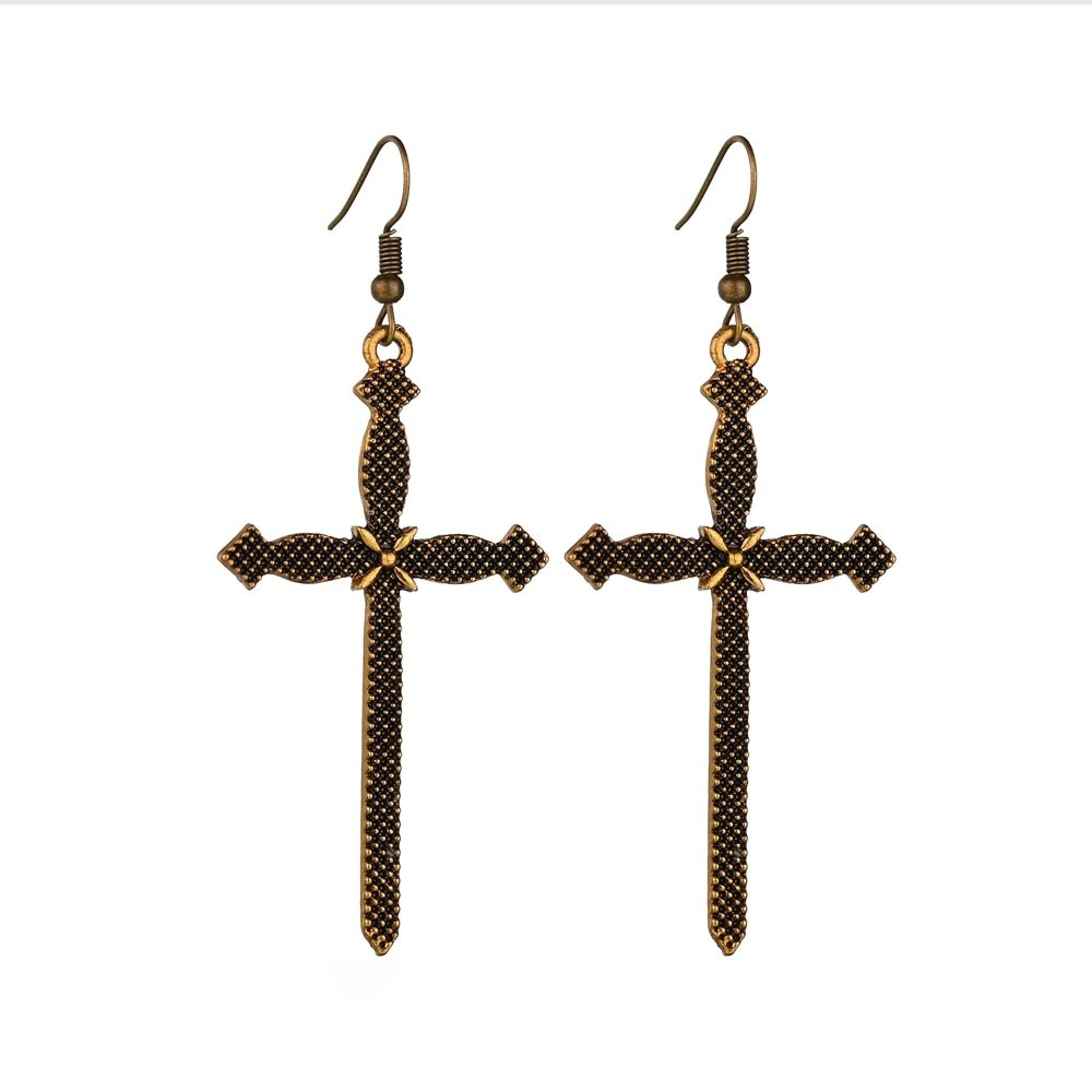 Vintage Large Cross Earrings Dangle Earrings Ancient Bronze Color Metal Drop Ear - Fashion Jewelry