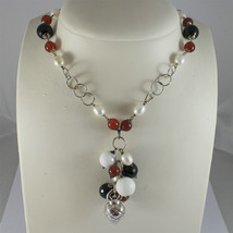 .925 RHODIUM SILVER NECKLACE, BLACK ONYX, CARNELIAN, AGATE, PEARLS, ROUND MESH. image 2