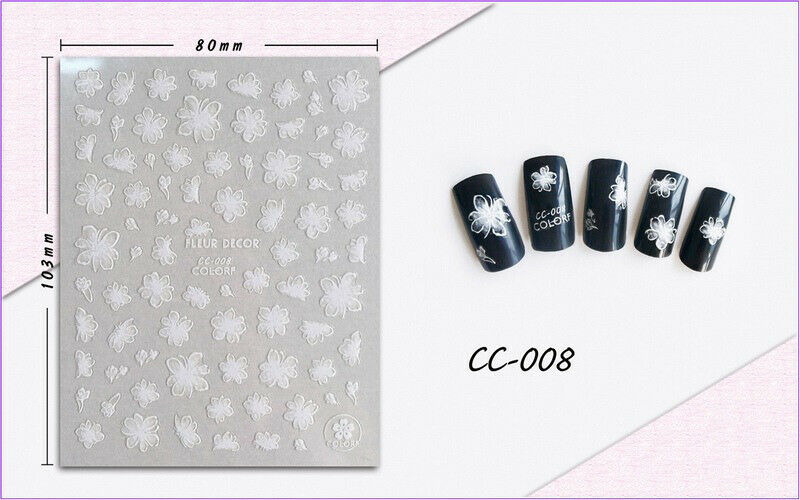 Nail Art 3D Decal Stickers White Design Flowers Leaves CC008