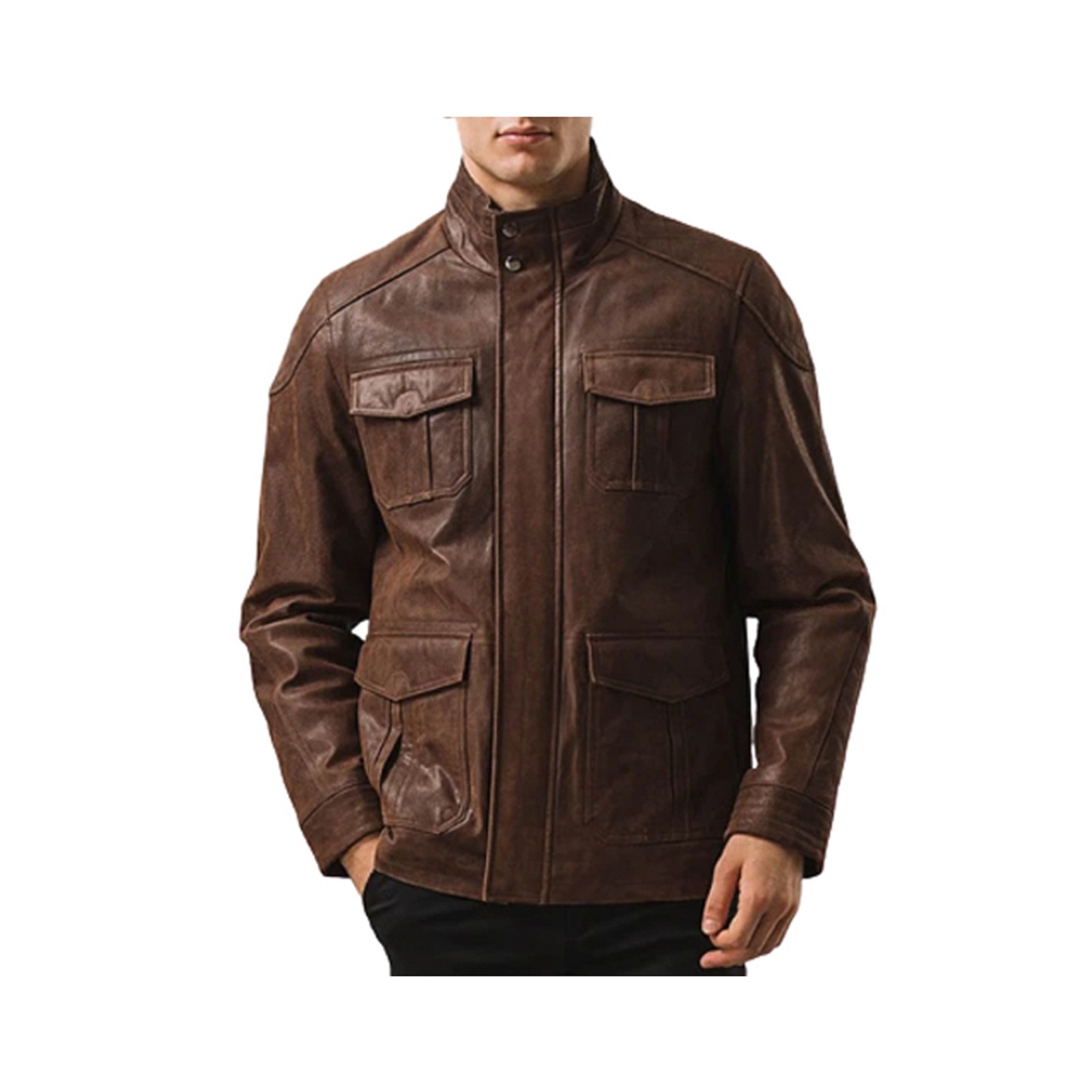 Mens Coffee Brown Field Real Leather Jacket With Multiple Flip Closer Pockets
