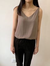 Women V Neck Beige Chiffon Tanks Tops Summer Sleeveless Chiffon Tanks US0-US12 image 3