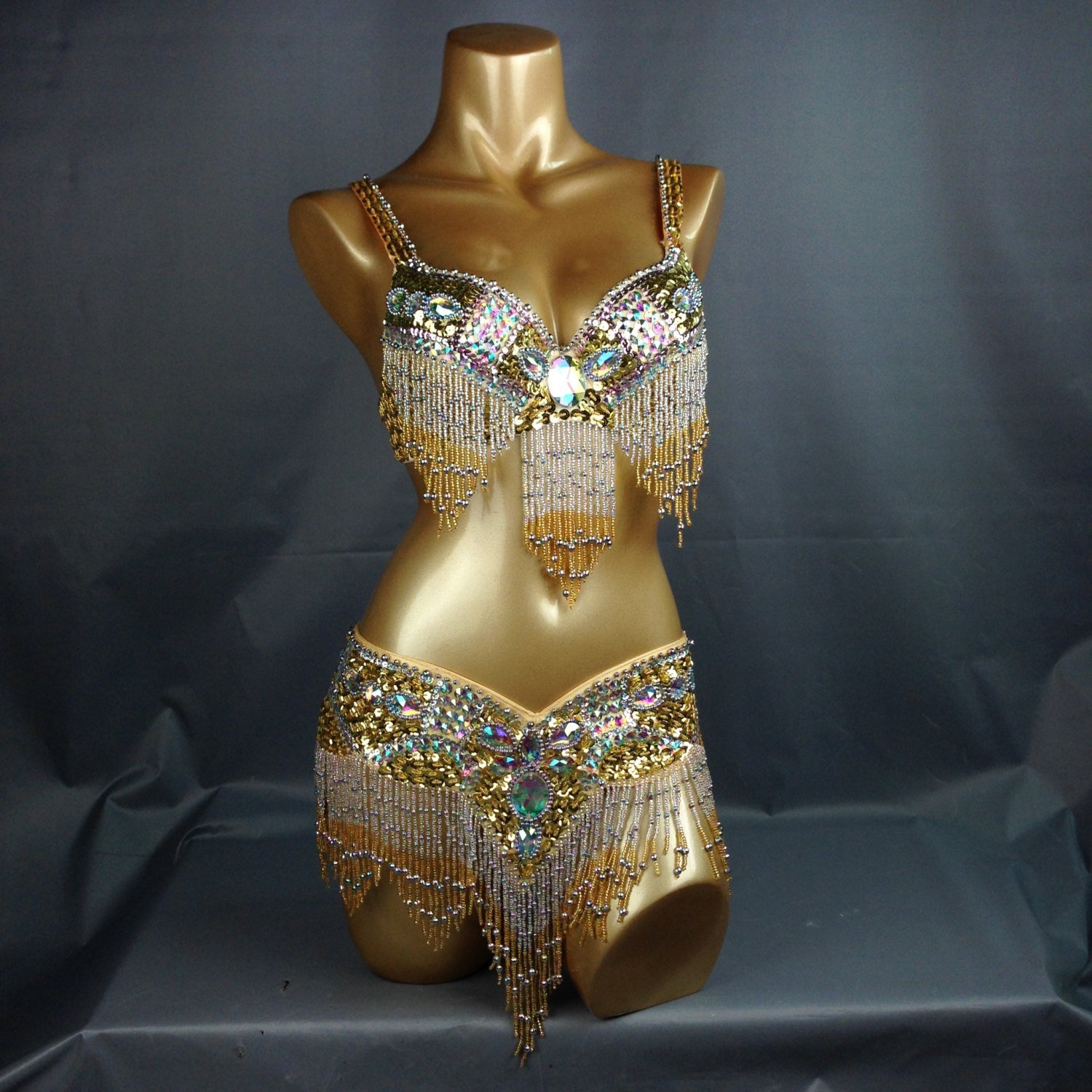 FREE SHIPPING Hand Beaded Belly Dance Samba Costume gold color bra belt 2pcs tf1