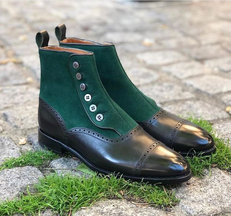 NEW Handmade Green Black Ankle High Button boot, Men's Leather Suede Cap Toe boo