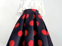 Women Winter Polka Dot Midi Party Skirt Winter Black Red Pleated Holiday Skirt image 9