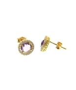 18K YELLOW GOLD EARRINGS CUSHION ROUND PURPLE AMETHYST AND CUBIC ZIRCONI... - $382.00