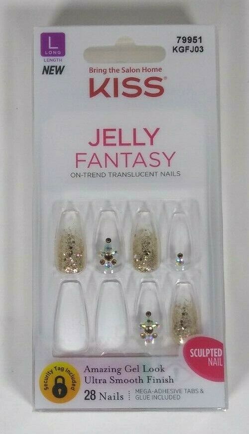 Primary image for Kiss Nails Jelly Fantasy Press or Glue Manicure Long Coffin White Clear Gold