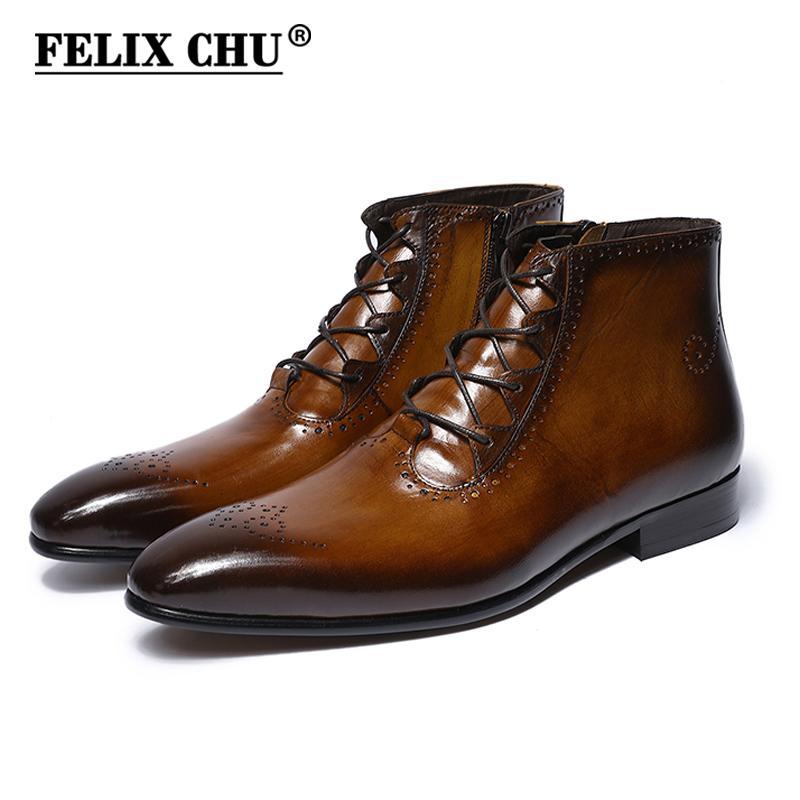 Chukka Burnished Brogues Toe Brown Color Genuine Leather Party Wear Men Boots