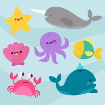 Kawaii Fish SVG Bundle, Cute Fish Clip Art Bundle, Sea Star SVG, Unicorn... - $3.49