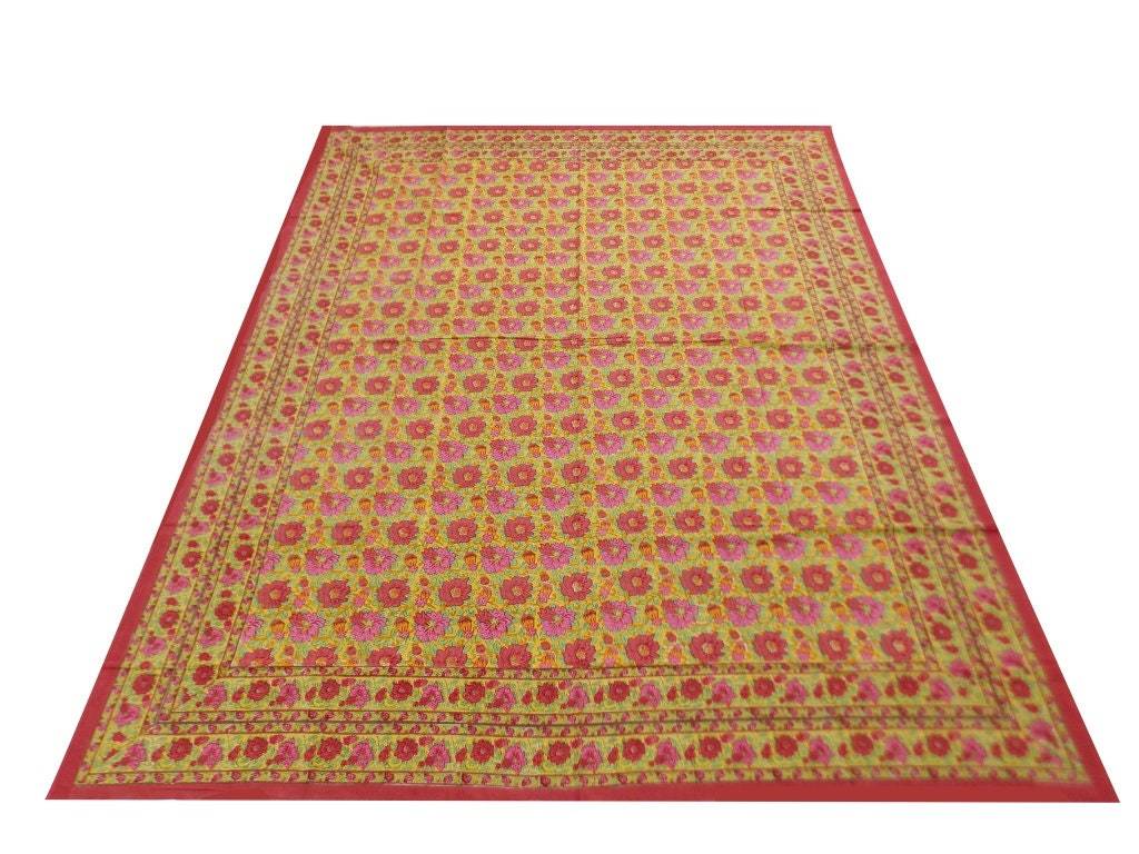 Indian Hand Block Printed Floral Design Yellow Red Color Bed Sheet, Wall Hanging