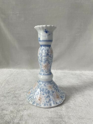 Primary image for Vintage Blue Floral Porcelain Candle Stick Holder For Vanity Or Home Decor 7”H