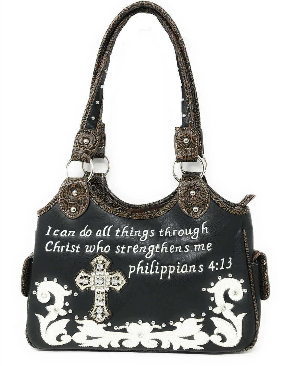 Concealed Carry Bible Verse Rhinestone Cross Flora Embroidered Women Handbag