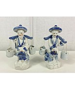 (2) Blue &amp; White Porcelain Chinese Figurines 2 Carrying Buckets / Pails ... - $49.50