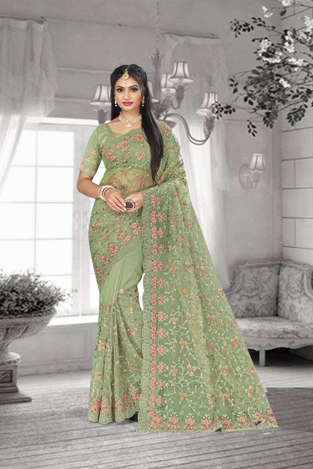 Designer Dusty Pista Resham Coding Embroidery Work Sari Net Wedding Wear Saree