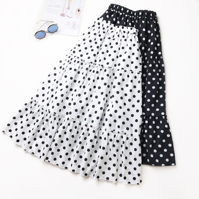Super cute white polka dot summer long skirt yellow black casual ...