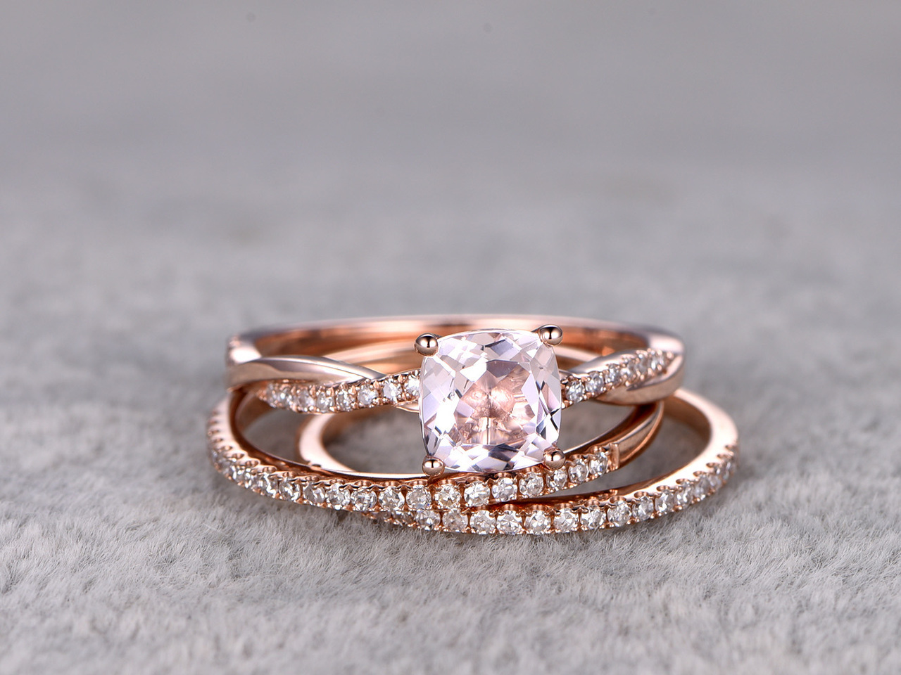 14k Rose Gold Over 6x6mm Cushion Morganite & Diamond Twisted Engagement Ring Set