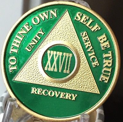 27 Year AA Medallion Green Gold Plated Alcoholics Anonymous Sobriety Chip Coin