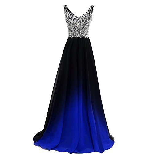 Gradient Long Black Ombre Chiffon Royal Blue Beaded Prom Evening ...