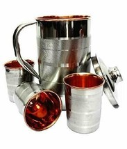 Set of 6 PC Water Glass &amp; 150ml Jug Premium Quality Steel Copper Pitcher... - $48.03