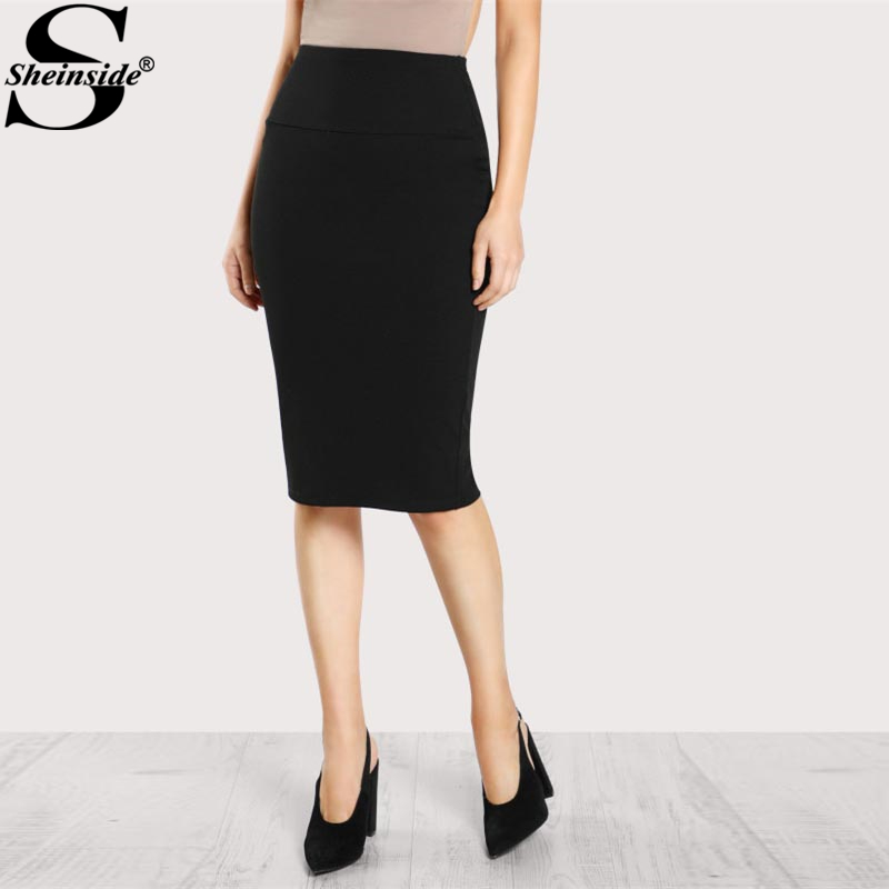 Sheinside 2018 Elastic Waist Pencil Skirt Black Mid Waist Knee Length ...