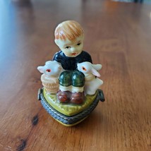 Porcelain Hinged Trinket Box, Boy with Rabbits Figurine, Heart Shaped Box image 8