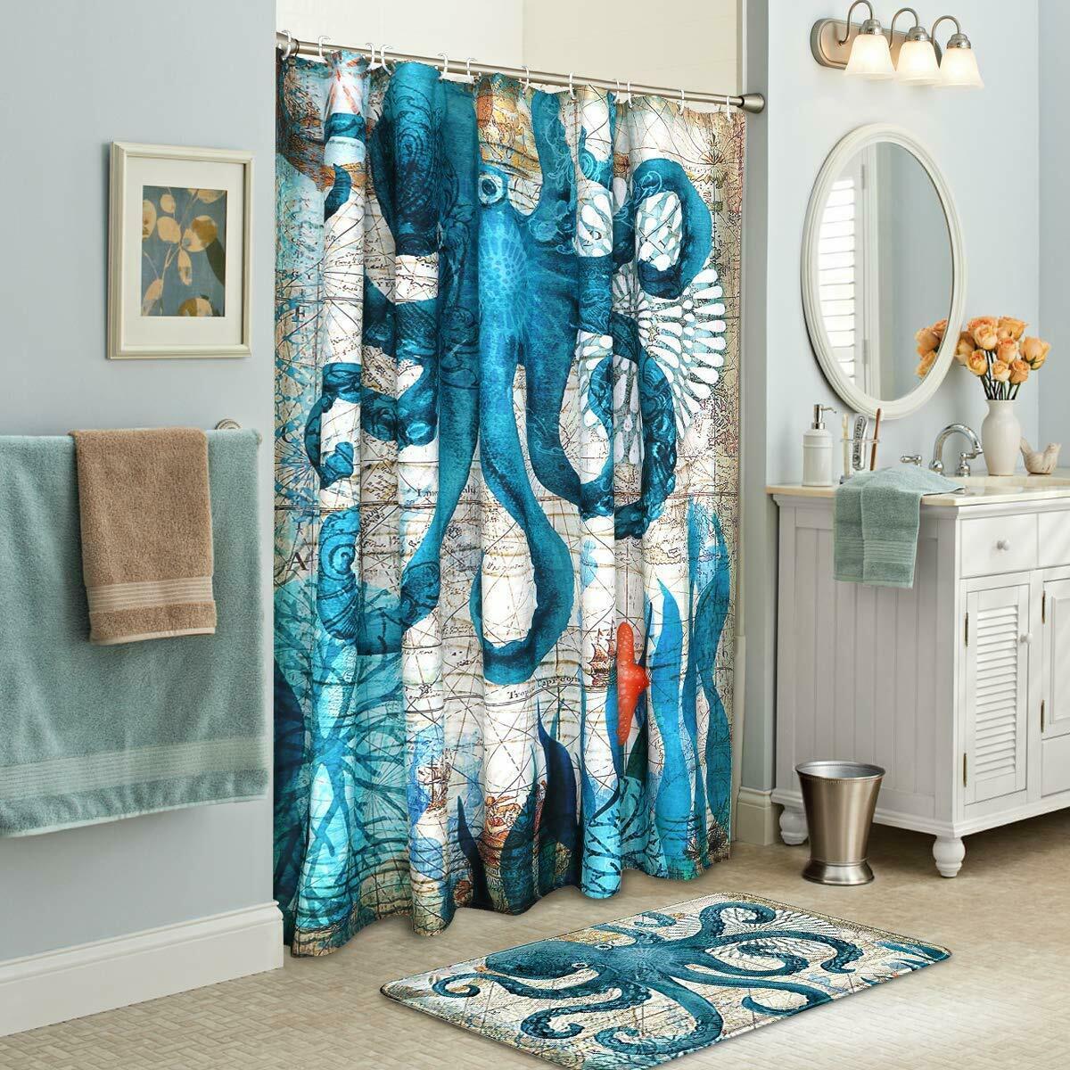 Octopus Rustic Nautical Beautiful Art Fabric Shower Curtain Mildew