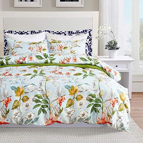 Blue Floral Bedding Set Tropical Botanical Duvet Cover Set Queen, Multi ...