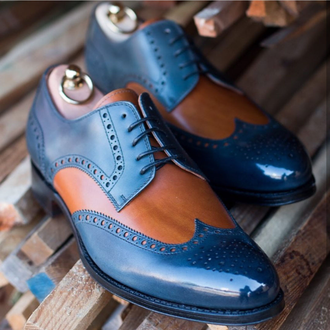 NEW Handmade Men's Tan Blue Wing Tip Shoes, Men's Leather Lace Up Formal Shoes