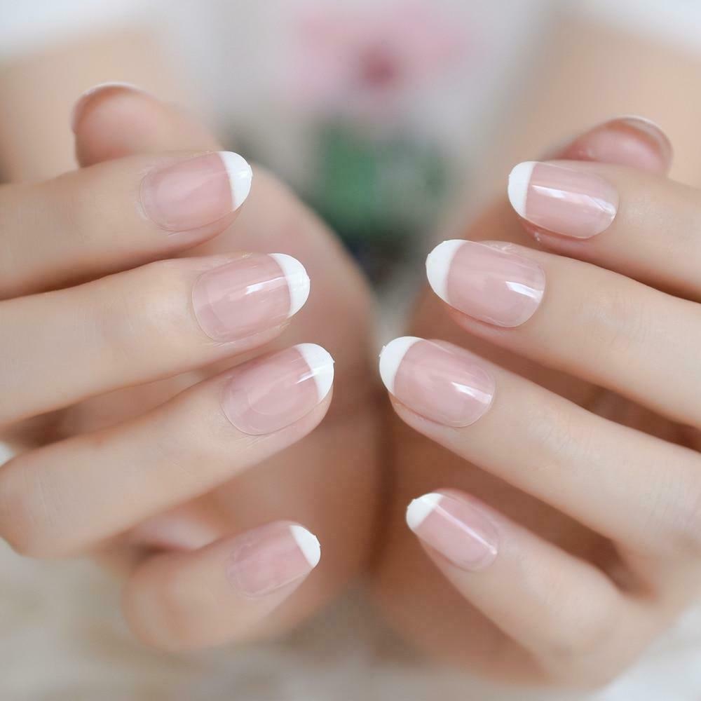 Oval Round White French Fake Nails Natural Clear Pink Pre Design UV ...