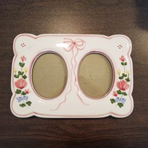 Double Photo Frame, Ceramic with Floral Design, Pink Ribbon Bow, Cottagecore image 2