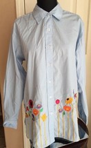 The Quacker Factory Embellished Flower Long Sleeve Blue Button Up Shirt ... - $19.79