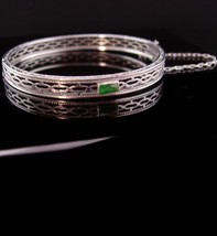 art deco bracelet / May birthstone green stone / Signed Vintage rhodium ... - $95.00