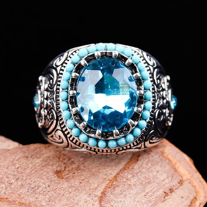 Vintage Two Tone Wave Pattern Engraved Blue Stone Bow Ring For Women Ladies Wedd