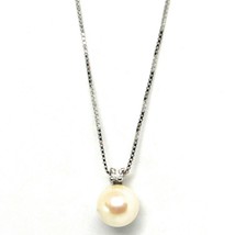 18K WHITE GOLD NECKLACE AKOYA PEARL 6.5 MM AND DIAMOND, PENDANT & VENETIAN CHAIN image 1